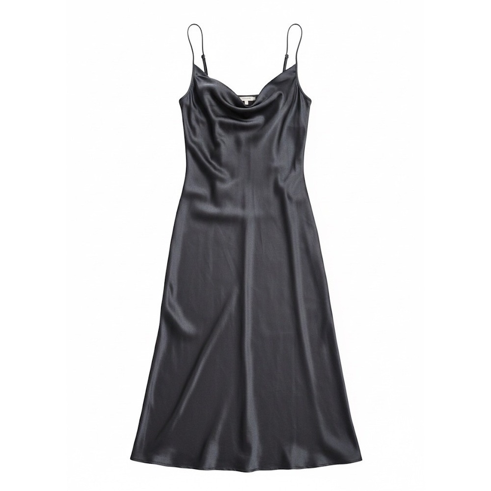 VICTORIAS SECRET Vtg Dusty Black Satin Cami Slip Dress Cowl Neck Crisscross Back